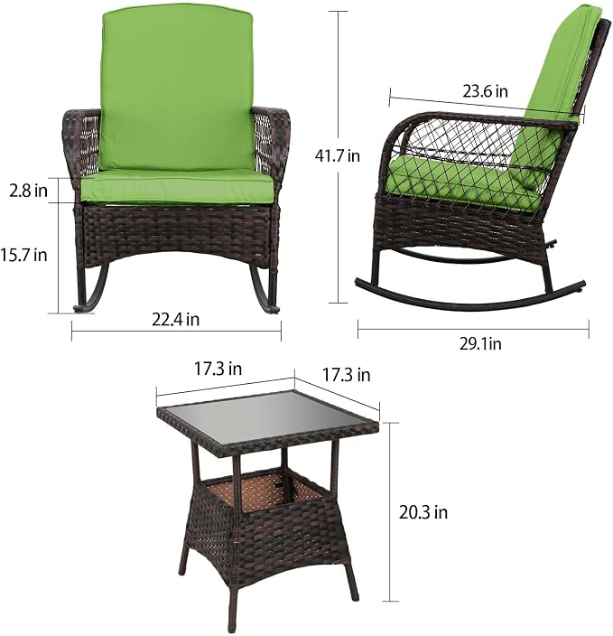 LEVELEVE 3 pcs Rocking Bistro Set Conversation Chairs PE Wicker Outdoor Rocking - Image 5
