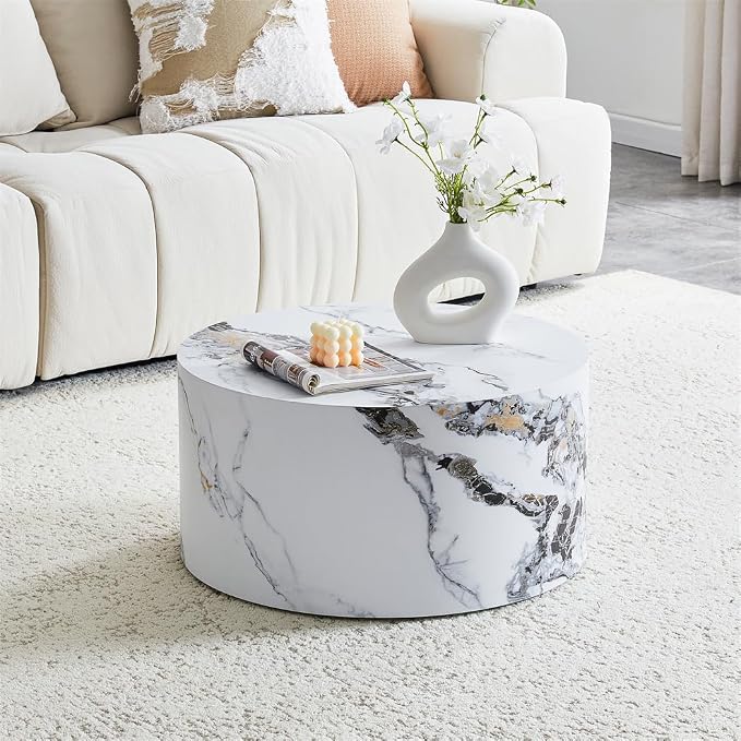 Round Coffee Table Living Room Table, Modern White Faux Marble Center Couch - Image 7