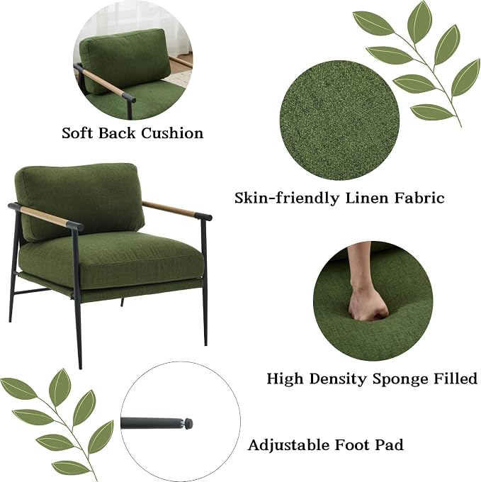 Ya-Home Mid-Century Accent Chair, Soft Armchair Linen Fabric Lounge Chair - Image 4