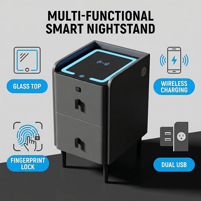 Smart Nightstand with Fingerprint Lock Drawers, Wireless Charging Support - Image 5