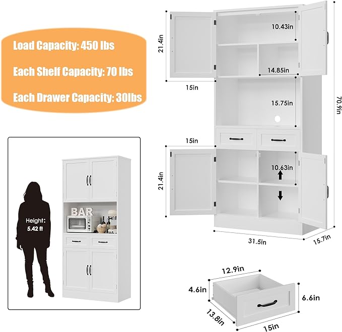 HOSTACK 71“ Tall Kitchen Pantry Storage Cabinet, Modern Kitchen Hutch Bar - Image 3