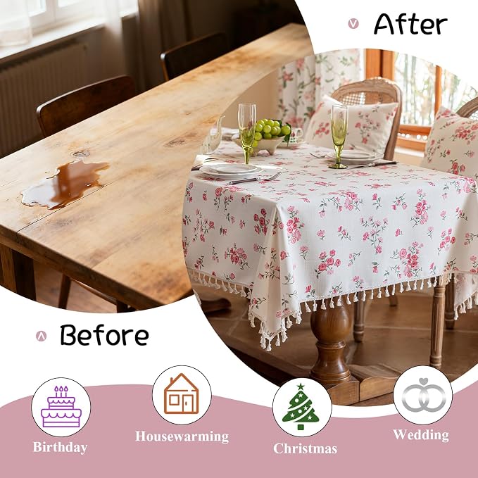 VClife White and Pink Print Table Cloth, Linen Texture Tablecloth - Image 4