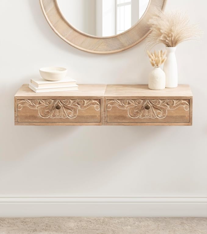 Kate and Laurel Mirza Transitional Carved Wood Floating Side Table, Natural Wood - Image 5