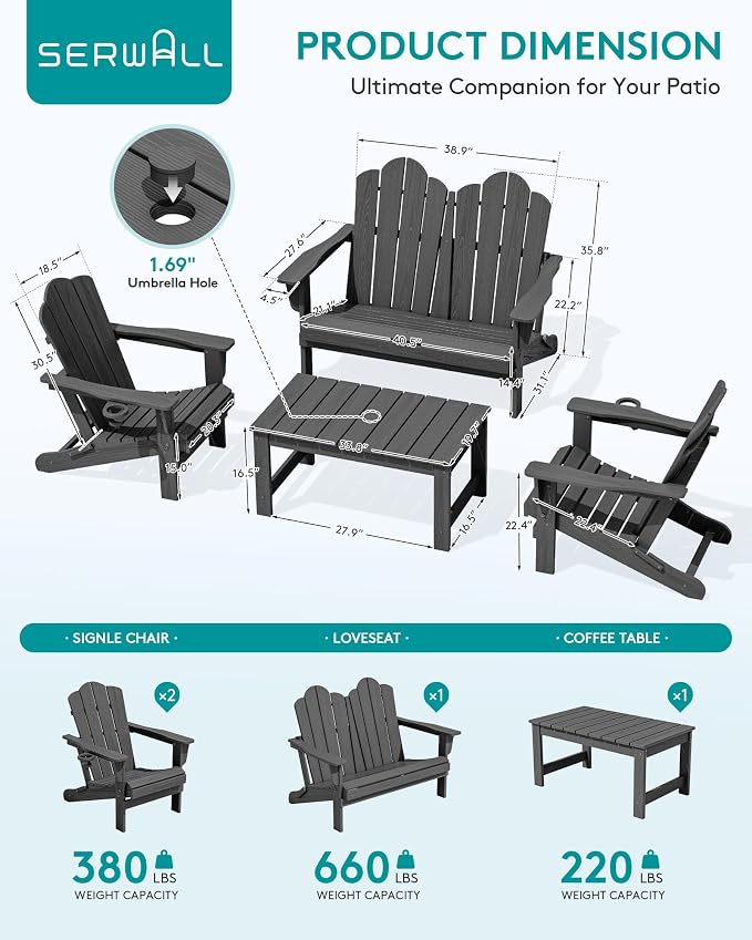 SERWALL 4 Pieces HDPE Patio Adirondack Chair Set, 2 Adirondack Chair - Image 3
