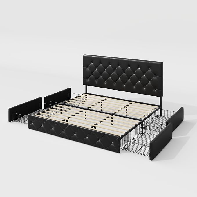 Allewie King Size Black Metal Faux Leather Platform Bed Frame - Image 9