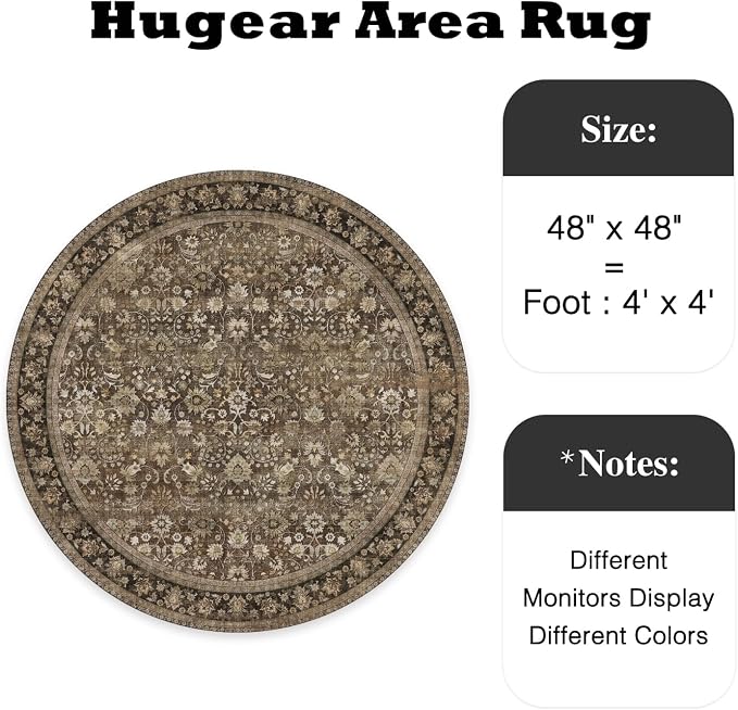 4ft Round Brown Vintage Floral Washable Rug - Image 2