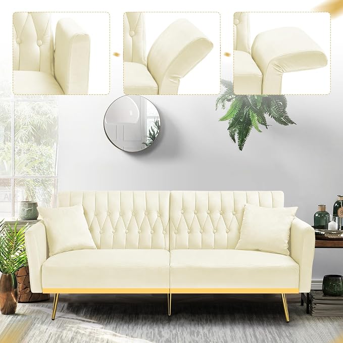 70” Velvet Futon Sofa Bed with 2 Pillows and Adjustable Armrests, Convertible - Image 2