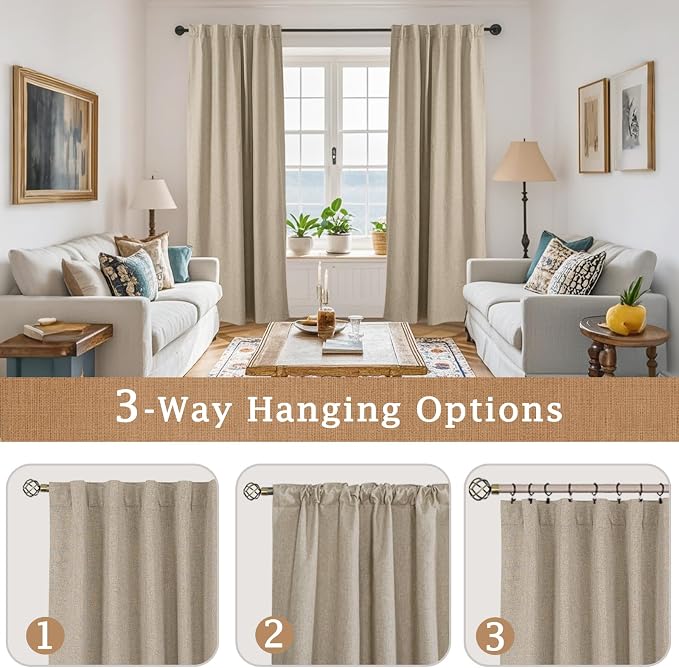80 Inch 100% Blackout Natural Linen Curtains 2 Panels, 52 x 80 Inch | Privacy - Image 9
