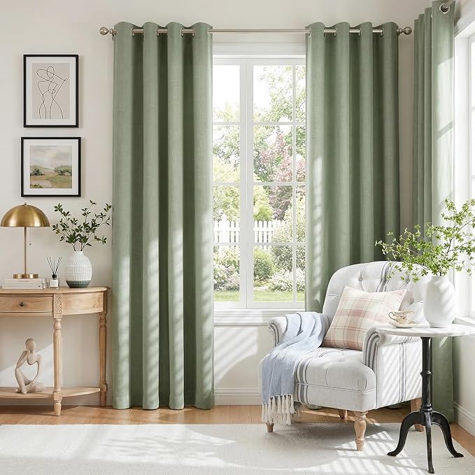 100% Blackout Linen Textured Curtains 84 Inch Long, Sage Green | 100% Blackout - Image 2
