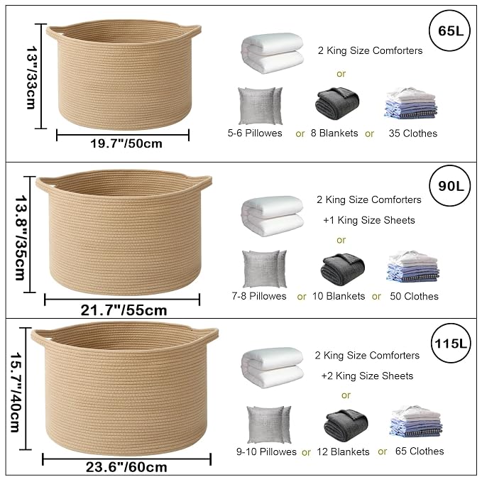 90L Extra Large Blanket Basket, Woven Rope Laundry Basket Hamper - Image 2