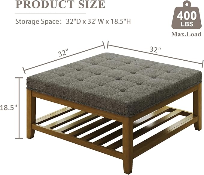 Befurtori Large Square Ottoman Coffee Table, Linen Solid Upholstered Footrest - Image 2