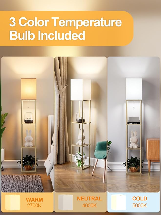 Floor Lamp with Shelves for Living Room Natural Wood, Shelf Floor Lamp with 3 - Image 3