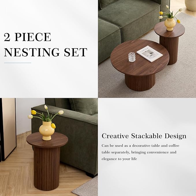 Round Nesting Coffee Table Set of 2 Mid Century Modern Wood Round Coffee Tables - Image 2