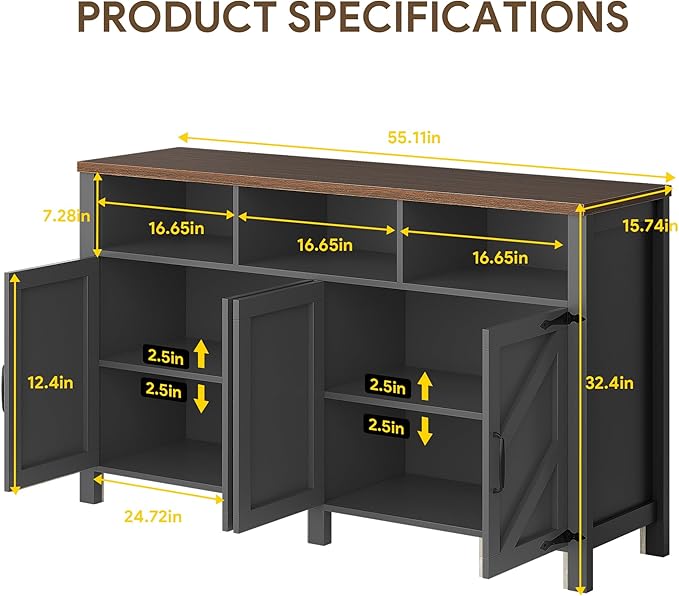 knoworld Buffet Sideboard with Storage Farmhouse with 4 Doors, Dining Room - Image 2