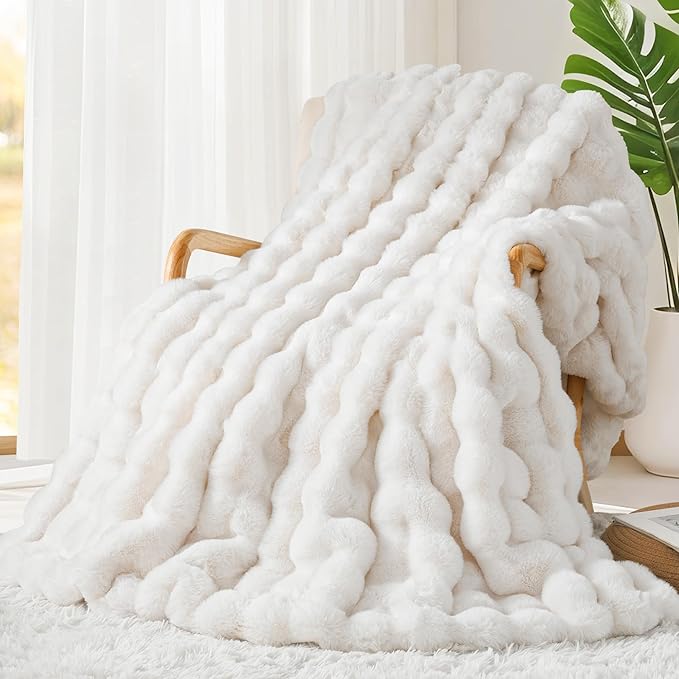 Luxury 1000GSM Rabbit Faux Fur Twin Blanket, Super Heavy Warm Cozy Beige Cream by TOUCHAT