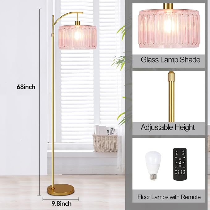 QIYIZM Pink Floor Lamp for Living Room, Mid Century Modern Brass Tall Lamp Boho - Image 5