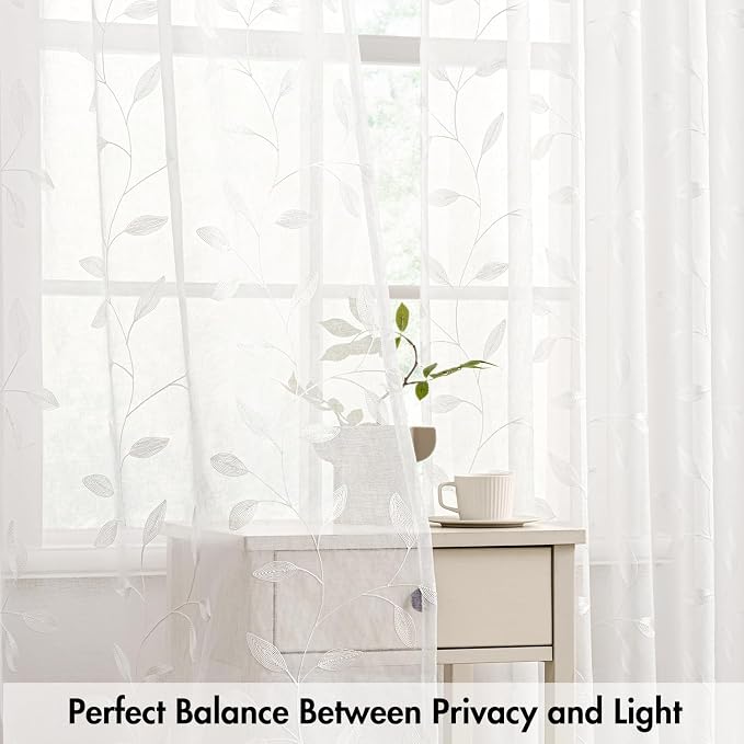 MIULEE White Sheer Curtains 2 Panels Embroidered Leaf Patterned, W52 x L84 | - Image 5