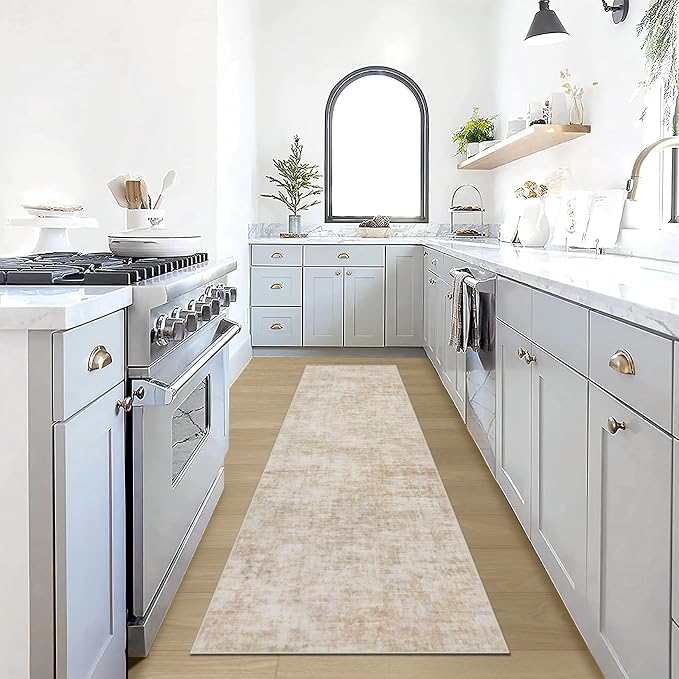 2'6''x8' Runner Rugs Washable Rug: Modern Abstract Hallway Beige Carpet | by GENTDRIZZ