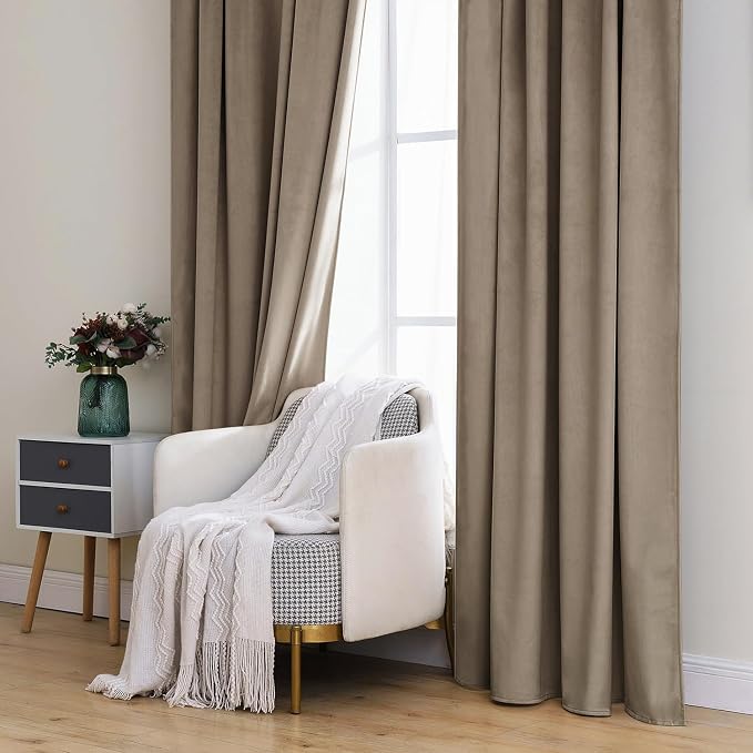MIULEE Velvet Curtains 52x90 inches 2 Panels Light Taupe Blackout Curtains | - Image 7