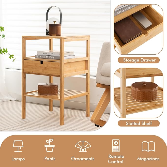 Giantex Bamboo Nightstands Set of 2, Wood Side Tables - Image 6