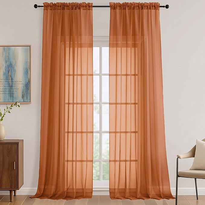 Orange Sheer Curtains 120 Inches Long 2 Panels Set, 59 Inch Extra Wide Soft by OVZME
