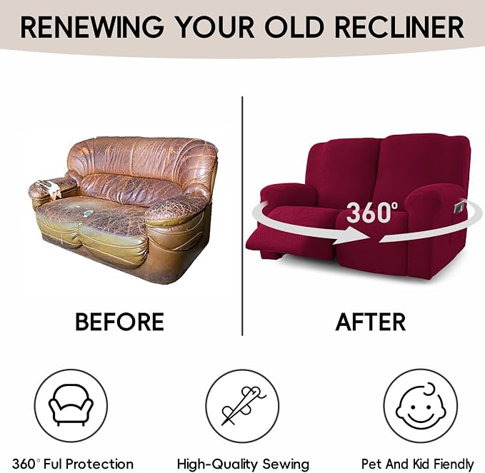 Recliner Loveseat Covers, 4-Piece Stretch Geometric Strokes Jacquard Reclining - Image 6