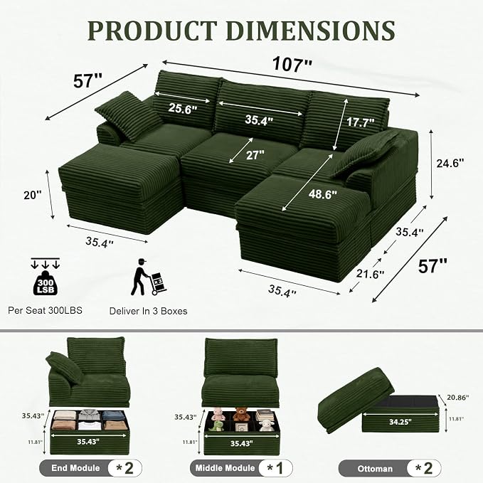 Upgrade Boneless Couch with Storage, Extra Deep&High Seat Modular Sectional - Image 3