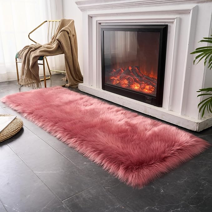 EasyJoy Ultra Soft Fluffy Faux Fur Rug, 2x6 ft Rectangle, Blush Pink | Chair - Image 2