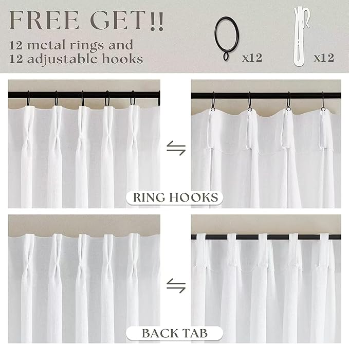 Snow White Pinch Pleated Linen 102 Inch Curtains 60 Inch Width | Linen Blend - Image 4