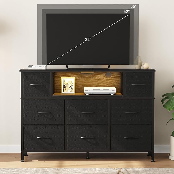 DUMOS TV Stand Dresser with 8 Fabric Drawers and Open Shelves, LED - Image 8