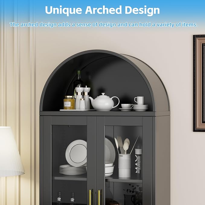 Arched Cabinet with Glass Doors, Modern Kitchen Pantry Cabinet with 2 - Image 4