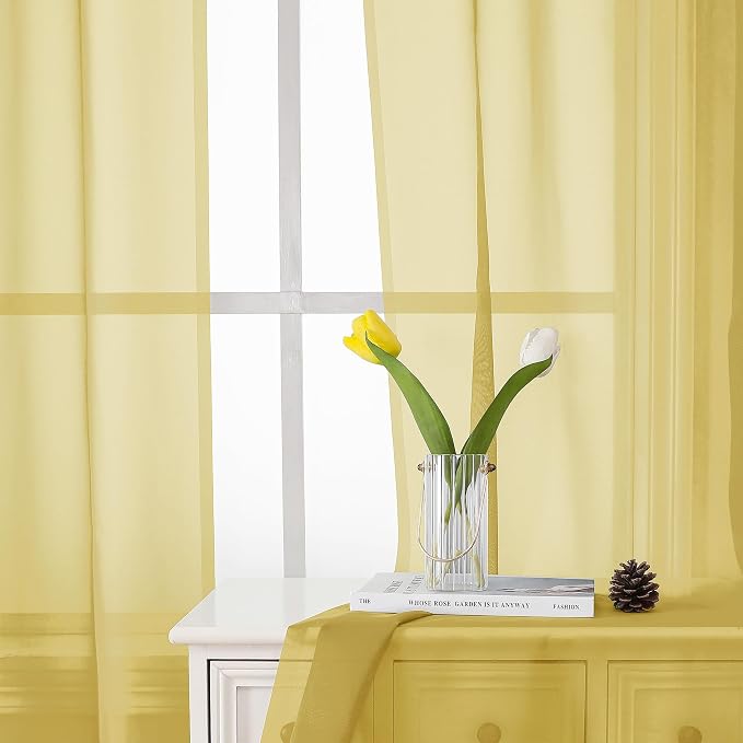 Yellow Sheer Curtains 72 Inches Long 2 Panels, Light Filtering Voile Window - Image 7