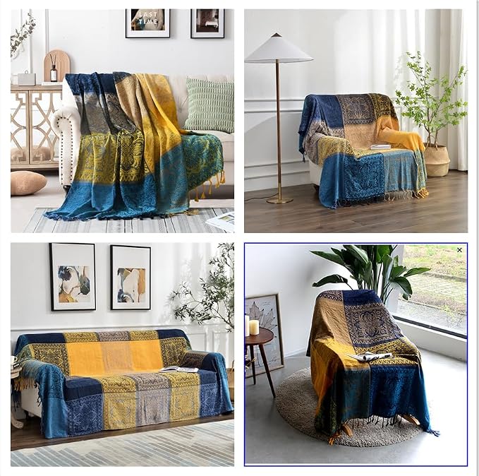 Bohemian Throw Blanket for Couch，Colorful Chenille Tassels Boho Woven Hippie - Image 3
