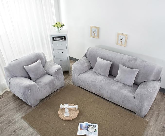 vctops 4 Seater Velvet Plush Stretch Sofa Slipcover 1-Piece Sofa Cover - Image 3