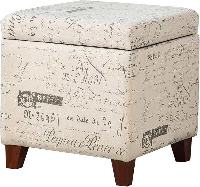 Adeco Fabric Script Pattern Cube Storage Footstool, Hinged Lid, Solid Wood Legs by Adeco