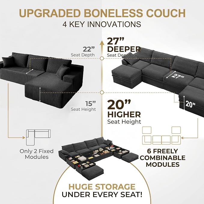 Upgrade Boneless Couch with Storage, Extra Deep&High Seat Modular Sectional - Image 6