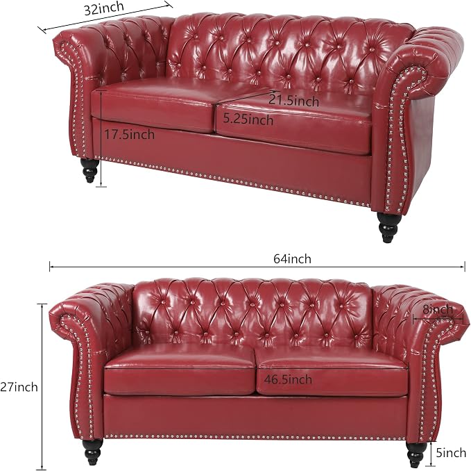 LEVNARY Leather Sofa, Chesterfield Tufted Upholstered 2 Seater Couch, Modern - Image 2
