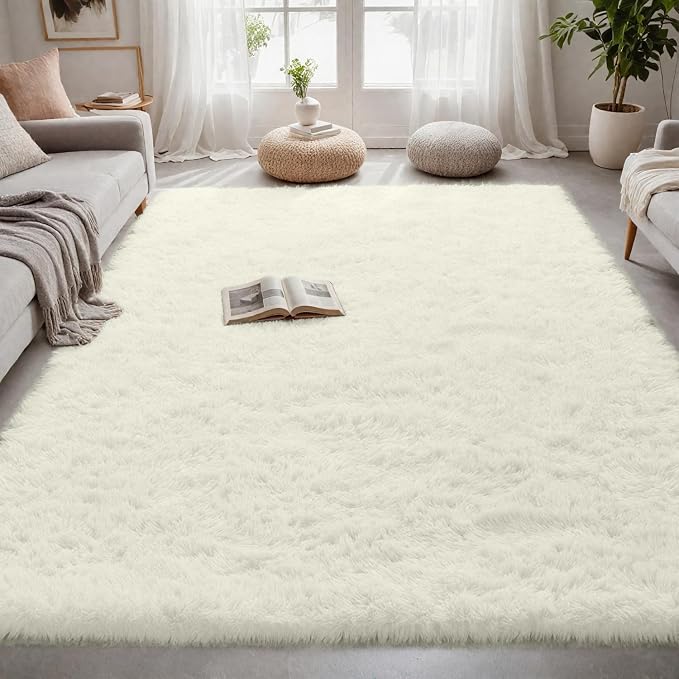 5x7 Fluffy Shag Area Rugs for Living Room Bedroom: Soft Carpet Cream White | - Image 4