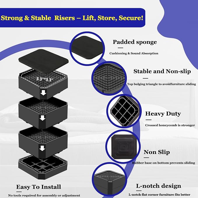 Bed Risers Heavy Duty, Adjustable Furniture Riser Blocks Lift 1.5, 4.3 inches - Image 3