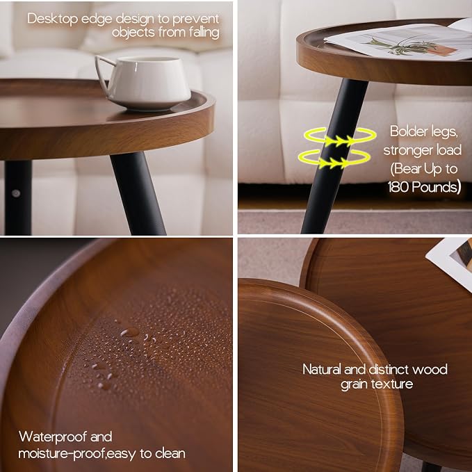 2-Piece Walnut Coffee Table, Durable Mid Century Small Round Coffee Tables - Image 4