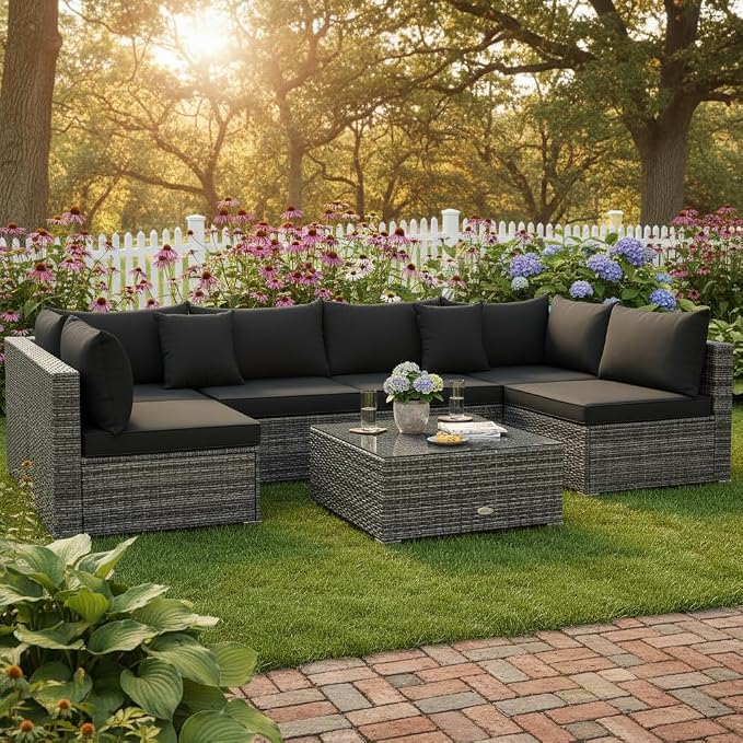 Tangkula 7 Pieces Patio Rattan Furniture Set, Patiojoy Outdoor Conversation Set - Image 2