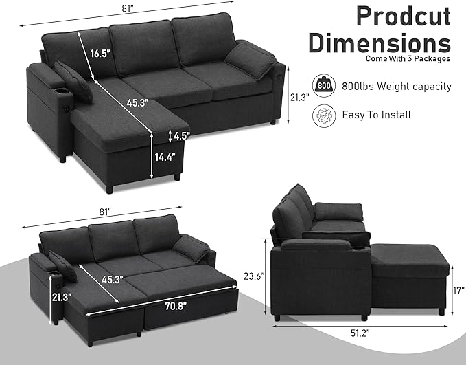 DURASPACE Sofa Bed Sleeper Pull Out 2 in 1 Sectional Sleeper Sofa Couches - Image 2