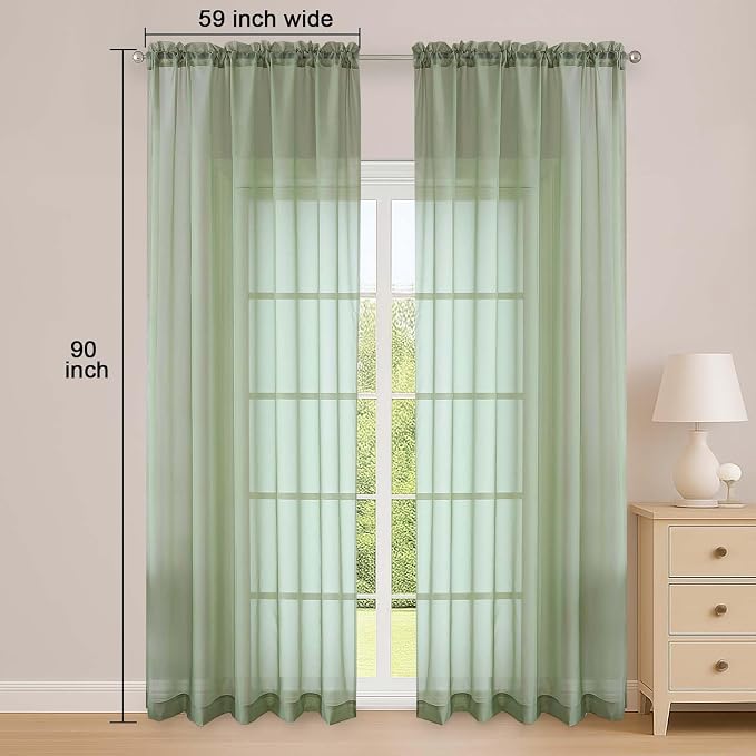 Sage Green Sheer Curtain 90 Inches Long 2 Panels Set, Solid Filmy Drapes - Image 6