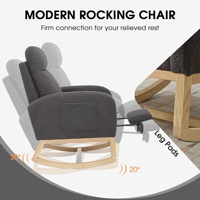 NIOIIKIT Modern Nursery Rocking Chair, Teddy Upholstered Rocking Chair - Image 5