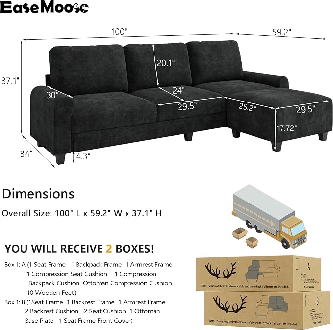 EASE MOOSE 100" Chenille L-Shaped Sectional Sofa, Modern Deep Seat Modular Couch - Image 2