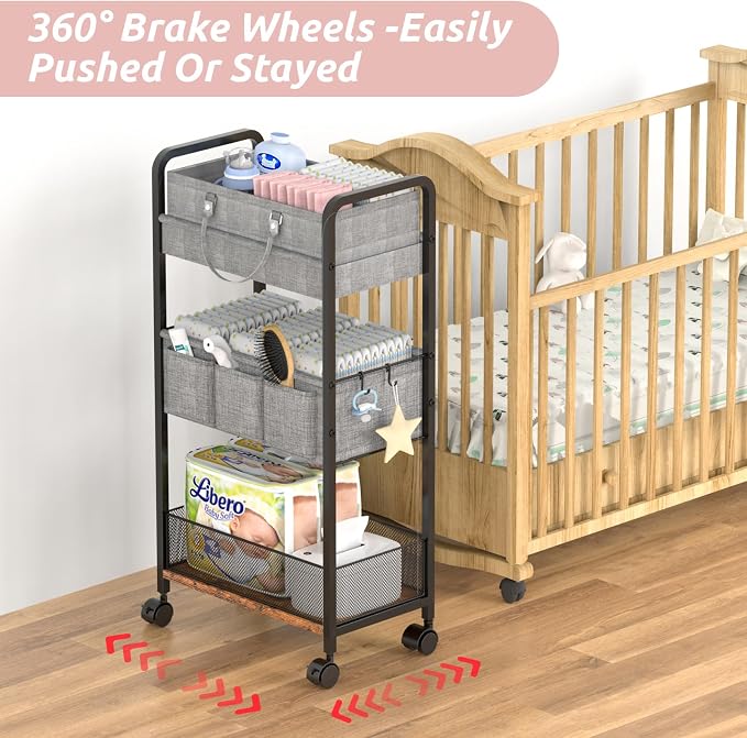 LIDTOP 2In1 Baby Diaper Caddy & 3-Tier Rolling Diaper Cart, Diaper Caddy - Image 7