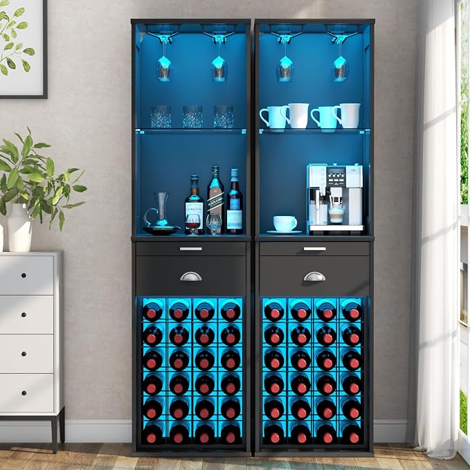 Loomie Wine Bar Cabinet with LED Lights, Freestanding Liquor Cabinet with Tray - Image 8