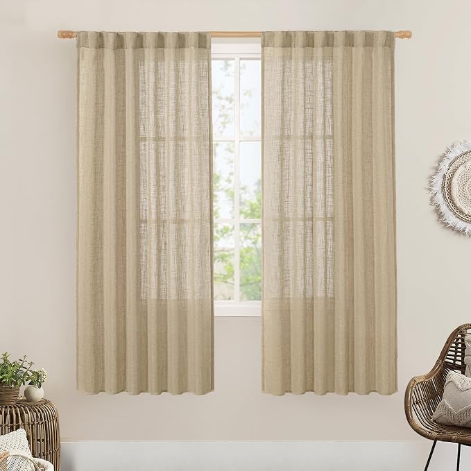 Brown Linen Boho Curtains 68 inch Length 2 Panels, 52 x 68 Inch | Light by LAMIT