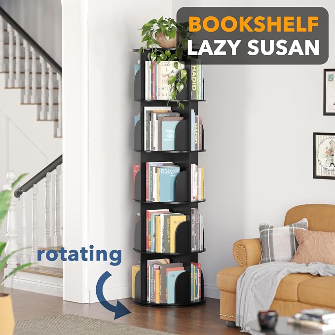 SpaceAid 5 Tier Rotating Bookshelf Tower, Spinning Bookcase Lazy Susan - Image 4