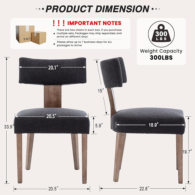 HNY Mid Century Modern Dining Chairs, Linen Fabric Upholstered and Curved - Image 2